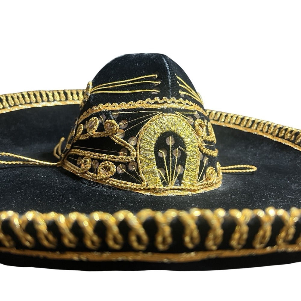 Vtg Sombrero Mariachi Hat Black & Gold Velvet Hat Paris 1900 Roma 1898 Costume